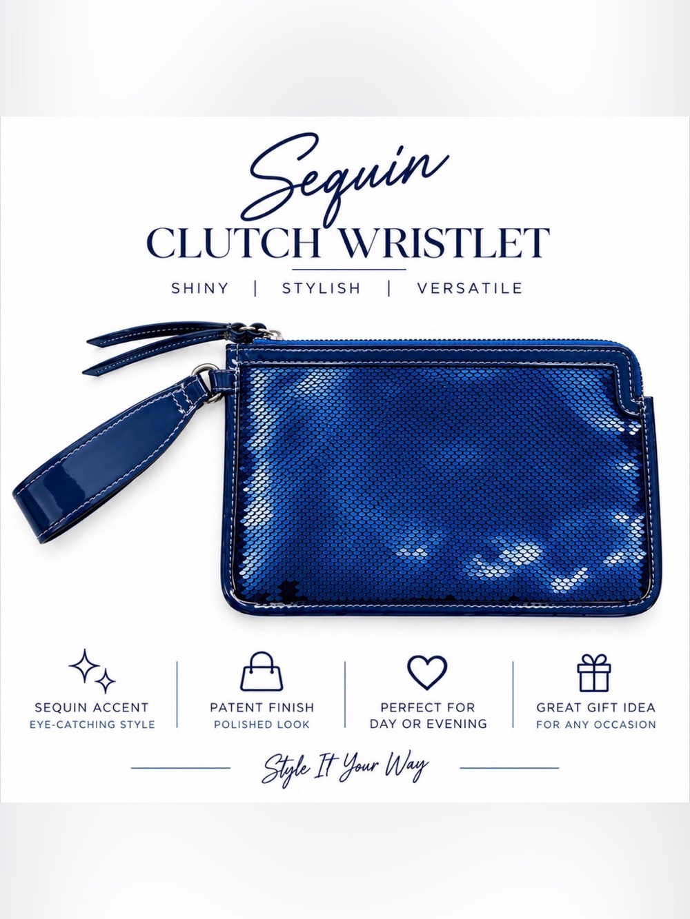 Blue Sequin Clutch Wristlet with Patent Trim